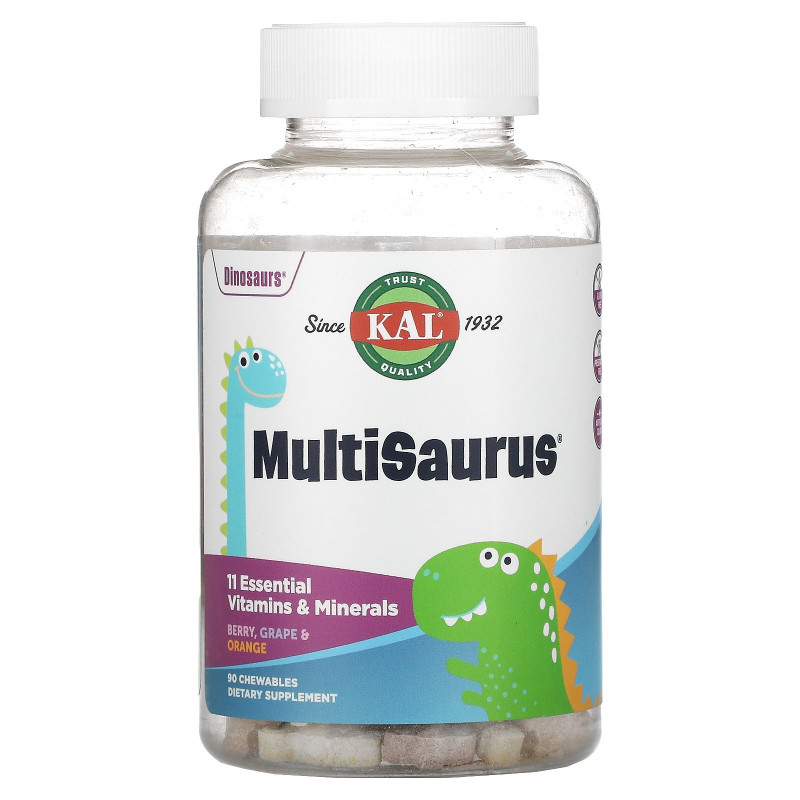 KAL, Dinosaurs, MultiSaurus Vitamins & Minerals, Berry, Grape & Orange, 90 Chewables