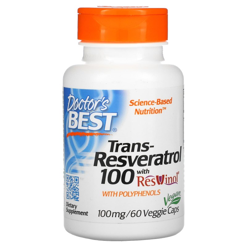 Doctor's Best, Лучший транс-ресвератрол 100, 100 мг, 60 растительных капсул