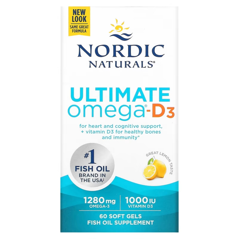 Nordic Naturals Ultimate Omega-D3 Комплекс кислот омега и витамина D3 с лимонным вкусом 1 000 мг 60 гелевых капсул
