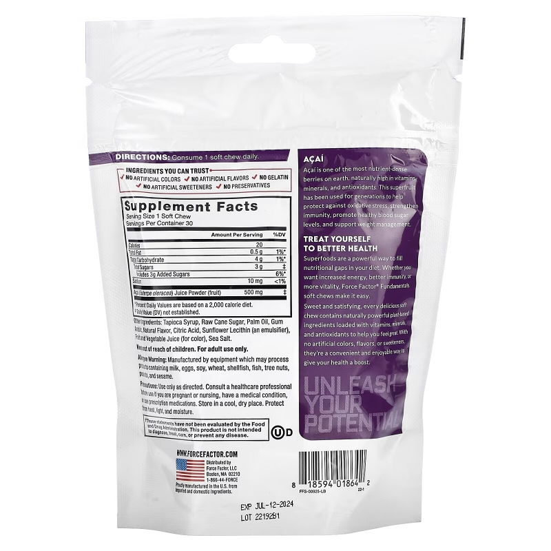 Force Factor, Fundamentals, Acai, 30 Soft Chews