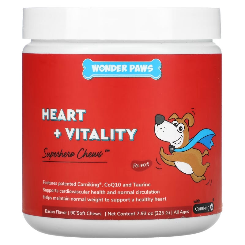 Wonder Paws, Superhero Chews, Heart + Vitality, для собак, для всех возрастов, бекон, 90 мягких жевательных таблеток